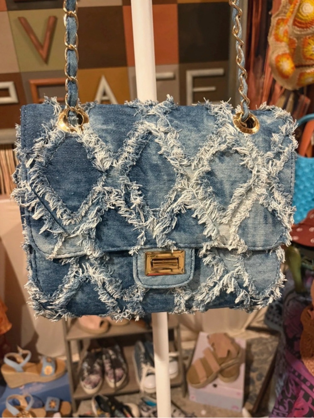 M Marco boutique brand Denim Fringe Quilted Chain Shoulder Bag - Blue - Picture 1 of 3